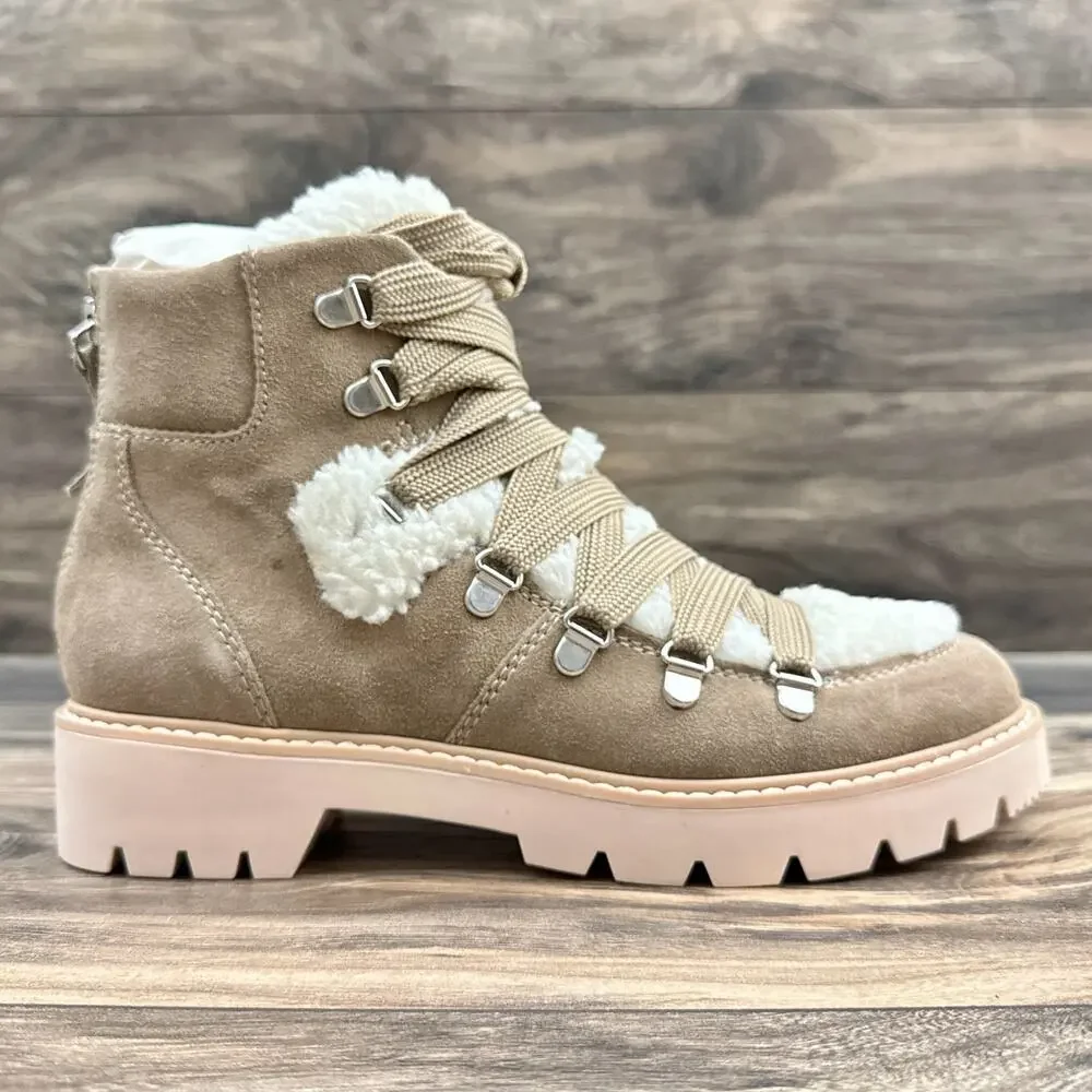 NEW Dolce Vita Pace 8 Faux Shearling Trim Lug Sole Suede Hiker Ankle Boots
